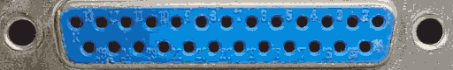 a blue plug with 25 holes; a parallel port. the holes are numbered. there are two larger screw holes off to either side.