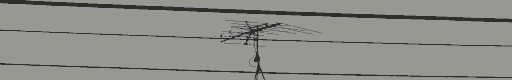 A yagi style antenna behind some powerlines, pointing toward the camera and to the right. the entire image is only 3 colours; the image is 3 shades of gray.