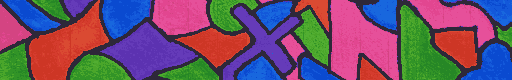 abstract shapes of orange, pink, blue, green, and purple with black outlines. they are all touching; there is nowhere uncoloured.